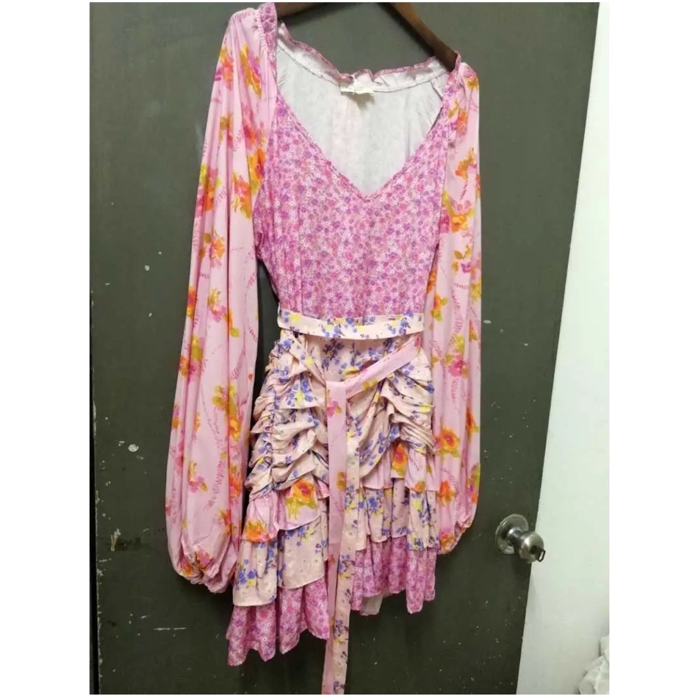 Boho Floral print Tiered Ruffle Hem Balloon Sleeve Belted Dress - Picture 7 of 10